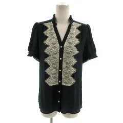 ジュエルチェンジズ Jewel Changes アローズ シャツ 半袖 フリル V襟 レース切替え ネイビー系 紺系 アイボリー