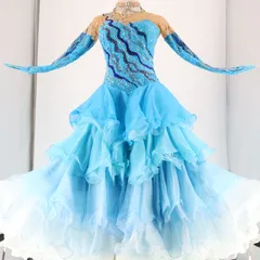 【社交ダンス衣装】ブルー アトリエjyojyo ワンピース ドレス 水色 青 フリル レース グラデーション デモ 競技用 ビーズ クロッチ 長袖 ダンス用 パーティ 発表会 レディース コスチューム 白 ビジュー ラインストーン