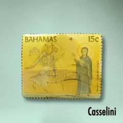 【新品★現品限り】Casselini★レトロ★クリスマス古切手プリント.ピンブローチ ★ バハマ ★ 個性的 キレイめ カジュアル