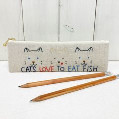 細型ペンケース【魚と猫】　刺し子・綿麻・コットン