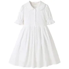 ☆ ホワイト ☆ 120cm ☆ キッズワンピース nakop031 キッズ ワンピース 半袖 キッズワンピ 夏 春 子供 子ども 子供服 女の子 白 ホワイト 白ワンピース ギャザーワンピース フレアワンピース 綿 コットン パフスリーブ フリル 丸襟