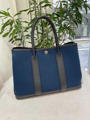 【美品】HERMES エルメス ガーデンパーティ 30 TPM トワルアッシュ×ネゴンダ ブルーマルタ シルバー金具 R刻印□ ブルードマルト 中古 ハンドバッグ トートバッグ レディース 女性用 本革 レザー カーフ ブラック 青 黒 ブランド レア バック