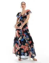 【送料無料】 ホープ＆アイビー レディース ワンピース トップス Hope & Ivy frill maxi dress with lace trims and keyhole detail in navy floral Navy Multi