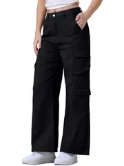CIMUK レディース バギー ジーンズ ダメージ加工 ハイウエスト マルチポケット フルレングス ワイドレッグ カーゴ デニムパンツ ブラック M