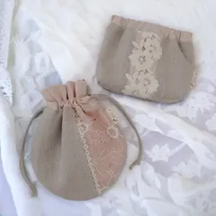 【一番人気】リネンの巾着とばね口ポーチセット　【やさしいピンクカラー】　ご褒美ポーチ　送料無料　受注制作