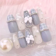 No.51オーダー♡量産型ワンホン韓国千鳥柄フレンチガーリースナ系ネイルチップ リボン