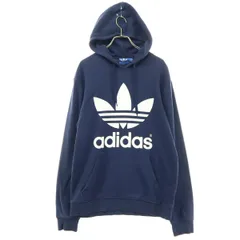 adidas アディダス プリントロゴ トレフォイルロゴ 長袖 スウェットパーカー M ネイビー系 メンズ 古着