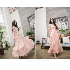 Aラインロングドレス Vネック フリル ピンクワンピース ピンク ワンピース ドレス ミモレ丈 演奏会 結びリボン ピンクドレス マキシ丈 二次会 キャミワンピース ロング丈 ポレロ付き 総レース 蝶々 パーティー Aラインワンピース 珊瑚色