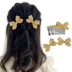 『数量限定』 ヘアリボン 子供 キッズ ヘアクリップ 小さめ 3個セット かんざし ヘアアクセ 髪飾り ヘアアレンジ リボン 発表会 入園式 卒園式 GFun 洋服 黄色×チェック柄