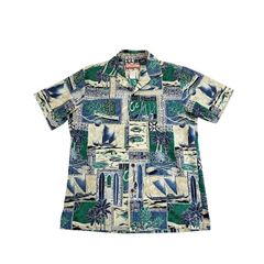 中古 アールジェーシー RJC アロハシャツ クリーニング済み オープンカラー ブルー グリーン メンズ Sサイズ