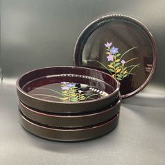 ★未使用品★丸盆 紫雪 黒 円 桔梗 ききょう お盆 4枚セット★