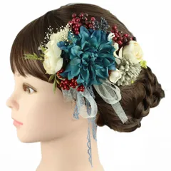 髪飾り 成人式 振袖 前撮り 袴 花 2点セット 青 青緑 白 灰色 グレー リボン 紐 下がり 造花 葉 リーフレース 華奢 トレンド No.12-0853