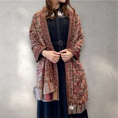 カシミヤショール ジャガード織 ペイズリー柄 ストール ベージュ アイボリー系 ボタニカル 大判 一点物 手織り カシミール 伝統工芸 高級 カシミヤ100％ 赤系 オレンジ系 ギフト向け インテリアにも最適 春夏秋兼用