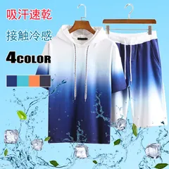 接触冷感セットアップ上下セットペアルック パーカー 半袖Tシャツ爽やか短パンツセットアップ 半袖 フード付き ユニセックスグラデーショントップスボトムスダンスウェアルームウェア男女兼用通学(ネイビー/ブラック)