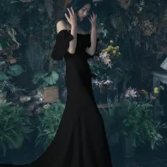 ☆ ブラック ☆ Sサイズ ☆ ウェディングドレス フレア袖 マーメイド ウェディングドレス マーメイド オフショルダー ウエディングドレス ブライダルドレス ドレス レディース トレーン パーティドレス イブニングドレス カクテルドレス ロングドレス