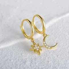 462【K18ゴールド】ムーン スター ダイヤ フープピアス シルバー925 揺れる レディース ジュエリー 上品 エレガント 華奢 シンプル 高級感 普段使い オフィス デート 結婚式 フォーマル ギフト プレゼント おしゃれ 大人可愛い きれいめ 高見え