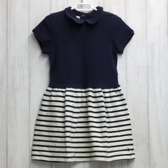 古着　PETIT BATEAU プチバトー 切り替え 半袖ワンピース ネイビー×ボーダー 6ans/116cm