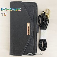 iPhone 16 ケース スマホ 手帳型 ショルダー 肩掛け ミラー付き ブラック 黒 黒色 お財布 カード収納