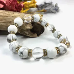 ハウライト&水晶 パワーストーン ブレスレット 天然石 12mm （ゴールド）メンズ・レディース　男性・女性　数珠ブレス　開運  [1]