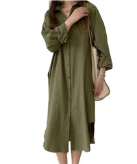 [グリーンパキラ] ロングシャツレディース長袖 シャツワンピース レディース 秋 春 トップス シャツ ブラウス 羽織り ロング 大きいサイズ 襟付き 前開き コットンワンピース 綿100% 重ね着 着回し カジュアル (JP, アルファベット, 2XL,  