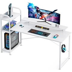 モニター台付き 3段棚付き ゲームデスク ワークデスク 机 gaming パソコンデスク desk 子 幅150cm 左右入れ替え対応 ラック付き おしゃれ pcデスク 省スペース 仕事用 ゲーミングデスク 在宅勤務 ODK ホワイト