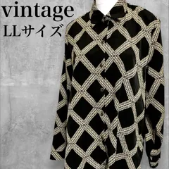 ビンテージ 長袖ポリシャツ LLサイズ 昭和レトロ 古着女子 格子柄 スカーフ柄 総柄 ボタンブラウス used in Japan