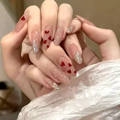 Liberte555 ネイルチップ ハート バレリーナ ロング 韓国 ギャル 可愛い フレンチ つけ爪 nail グッズ(レッド3,  ロング)