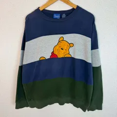 90s Disney ディズニー スウェット キャラクタープリント プーさん　ネイビー×グレー×グリーン Lサイズ メンズ 古着 ストリート