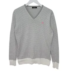 バーバリーブラックレーベル BURBERRY BLACK LABEL 長袖 ニット セーター Vネック ボーダー 2 Ⅿサイズ相当 ホワイト グレー k1610 0117