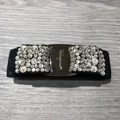☆EM1104 FERRAGAMO フェラガモ バレッタ ブラック×クリスタル リボン ヘアクリップ ヘアアクセサリー 342759 524894 中古のサムネイル
