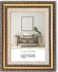 upFRAME アンティーク風 写真立て おしゃれ フォトフレーム 額縁 御洒落 樹脂製 置き掛け兼用 レトロ ヴィンテージ 壁掛け 卓上 縦横兼用(Gold,  写真L版)