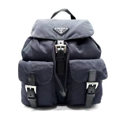 【良品】 PRADA プラダ リュックサック バックパック マルチポケット バックル 三角ロゴプレート 総柄 シルバー金具 肩掛け テスートナイロン レザー ユニセックス レディース メンズ ネイビー 紺色