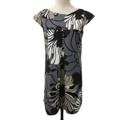 ザラウーマン ZARA WOMAN ワンピース Iライン ミニ タック 総柄 フレンチスリーブ 半袖 USA M グレー 茶 ブラウン