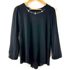 アンドラブ ＆LOVE カットソー ビジュー付き バックフリル ラウンドネック 袖ボリューム ブラック Mサイズ 946802