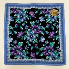 4546　美品　FEILER　フェイラー　ハンカチ　ハンドタオル　 ブルークライネポピーズ　花柄　ブラックブルー系　 黒　青　シュニール織り　シール付き　レディース