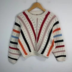 ニット セーター ショート丈 レディース 斜めストライプ マルチカラー カラフル アイボリー 古着 ストリート