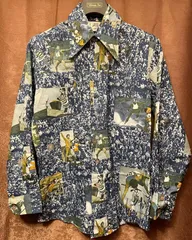 希少 レア品 KENNINGTON 70s DISNEY オリンピックプリント長袖総柄シャツ ネイビー Lサイズ