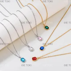 女性用グリーンピンクとブルーのジルコンネックレス ステンレススチール スクエアペンダント 美学 ウェディングギフト