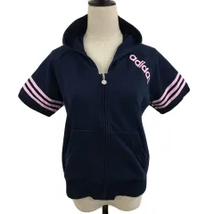 アディダス adidas パーカー スウェット ジップアップ ロゴ ラグランスリーブ 半袖 M 紺 ネイビー ピンク