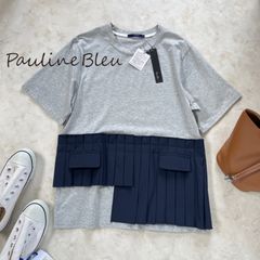 新品1.2万ポリーヌブロープリーツぺプラムTシャツグレー×ネイビー配色Tシャツ