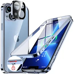 NIANGUO【ロック機能付き・自動ポップアップボタン】 iPhone13 mini 用 ケース クリア 【両面強化ガラス】 9H硬度 【一体型レンズ保護】 アイフォン13ミニ カバー アルミバンパーケース メタルフレーム 耐衝撃 傷防止 高感度タッチ 薄 1