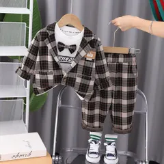 ☆ ブラウン×ブラック ☆ 80CM ☆ フォーマルスーツ キッズ mw20301 フォーマルスーツ キッズ チェック柄 パンツスーツ フォーマル スーツ ジャケット 蝶ネクタイ リボン ズボン パンツ 子供服 子ども服 柄 ポケット 男の子 子供