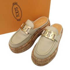 美品 TOD'S トッズ KATE ケイト ロゴ メタルチェーン レザー ラフィア プラットフォーム サボ ミュール サンダル 箱付き 47251