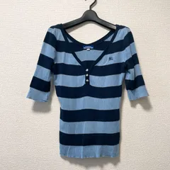 BURBERRY BLUE LABEL バーバリーブルーレーベル リブカットソー ロゴ刺繍 ネイビー 水色 ボーダー ラメ レディース サイズ38 M相当 五分袖 日本製 三陽商会 Y2K 平成ギャル グランジ Archive 00s
