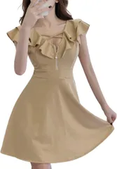 COCO&YUKA(ココアンドユカ) フリル セクシー ハーフ ジップ ミニ フレア ワンピース キャバ 嬢 ドレス オフショルダー 半袖 タイト Aライン 胸 クロス チャック ミニワンピ( ベージュ,  M)