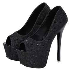 オープントゥ ピンヒール ハイヒール キラキラ スパンコール 16cm キャバ 美脚 綺麗 お洒落 パーティー (ブラック, 23.5 cm)