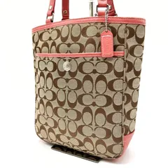 ✨良品✨ COACH コーチ トートバッグ ハンドバッグ  シグネチャー 総柄 シルバー金具 チャーム 肩掛け キャンバス レザー レディース ベージュ 肌色 ピンク 桃色