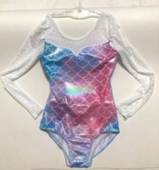 US14サイズ/ Poly Unicorn スプライシングブロンズロングスリーブ 長袖レオタードシュシュ付　ツルスベ クリスタルライトストーン
