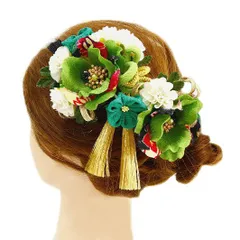 髪飾り 成人式 つまみ細工 振袖 前撮り 袴 浴衣 夏祭り 花火大会 2点セット 緑 白 ちりめん 房付き 組紐 和柄 ヘアアクセ かん No.9-3493