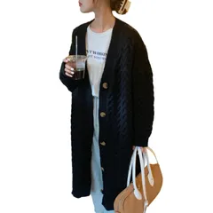 Free Size_ブラック [MEME XTRA] ロングカーデ レディース ニット ケーブル ニットカーディガン Vネック ドロップ ショルダー 羽織り セーター 長袖 ゆったり 大きいサイズ やわらか 秋服 アウター 可愛い トップス おしゃれ 温かい